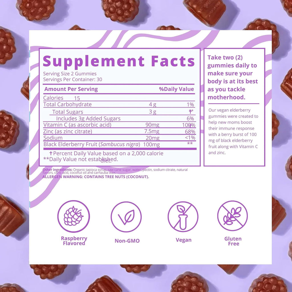 Baby Blues Berry Boost for Moms, Immunity Elderberry Gummies Immune Support Supplement with Vitamin C and Zinc for Adults, Non-GMO Immune System Vitamins Booster Vegan Gluten Free Gummies, 60pcs