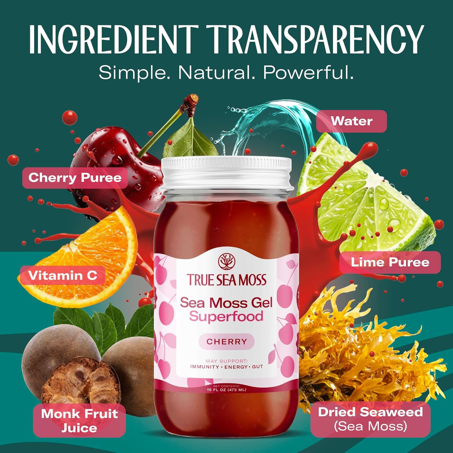TrueSeaMoss Sea Moss Gel – Made in USA – Wildcrafted Seamoss, Fresh Fruits & Sea Vegetables – Cherry, Pack of 1 (Labels may Vary)