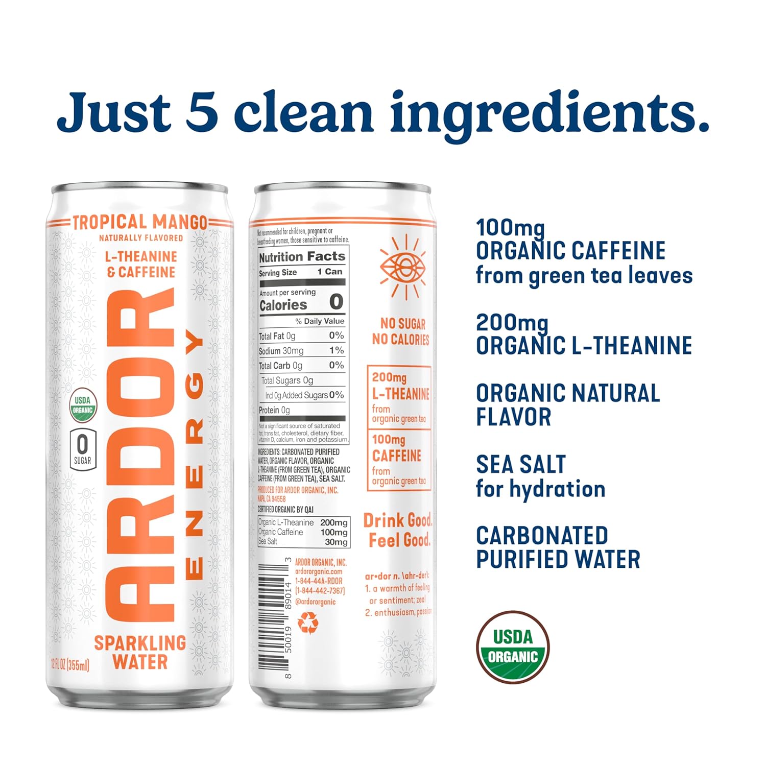 ARDOR ENERGY Sparkling Water with 100mg Natural Caffeine & 200mg L-Theanine from Organic Green Tea for Smooth Energy & Focus | Healthy Energy Drink | No Sugar, Zero Calories, Vegan, Gluten-Free | Tropical Mango (Pack of 12, 12oz cans)