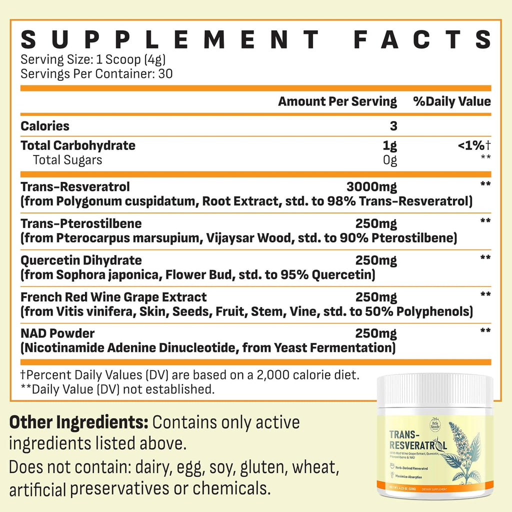 Trans-Resveratrol Powder Supplement with Red Wine Extract, Quercetin, Pterostilbene & NAD, 4.23 OZ, 30-Day Supply