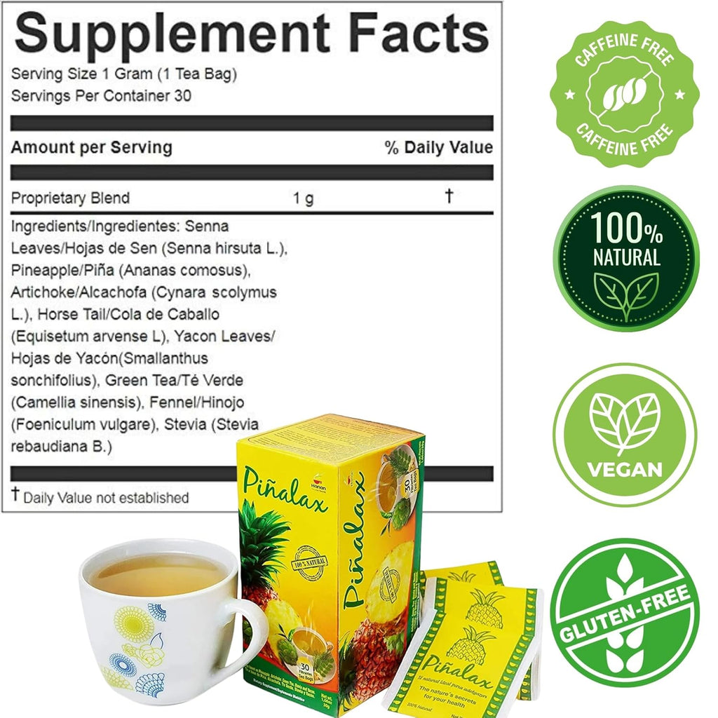 Piñalax 60 Teabags Herbal Tea of Pineapple, Artichoke, Green Tea, Stevia, Yacon Leaves, Senna, Horsetail and Fennel from Peru (2-Pack)