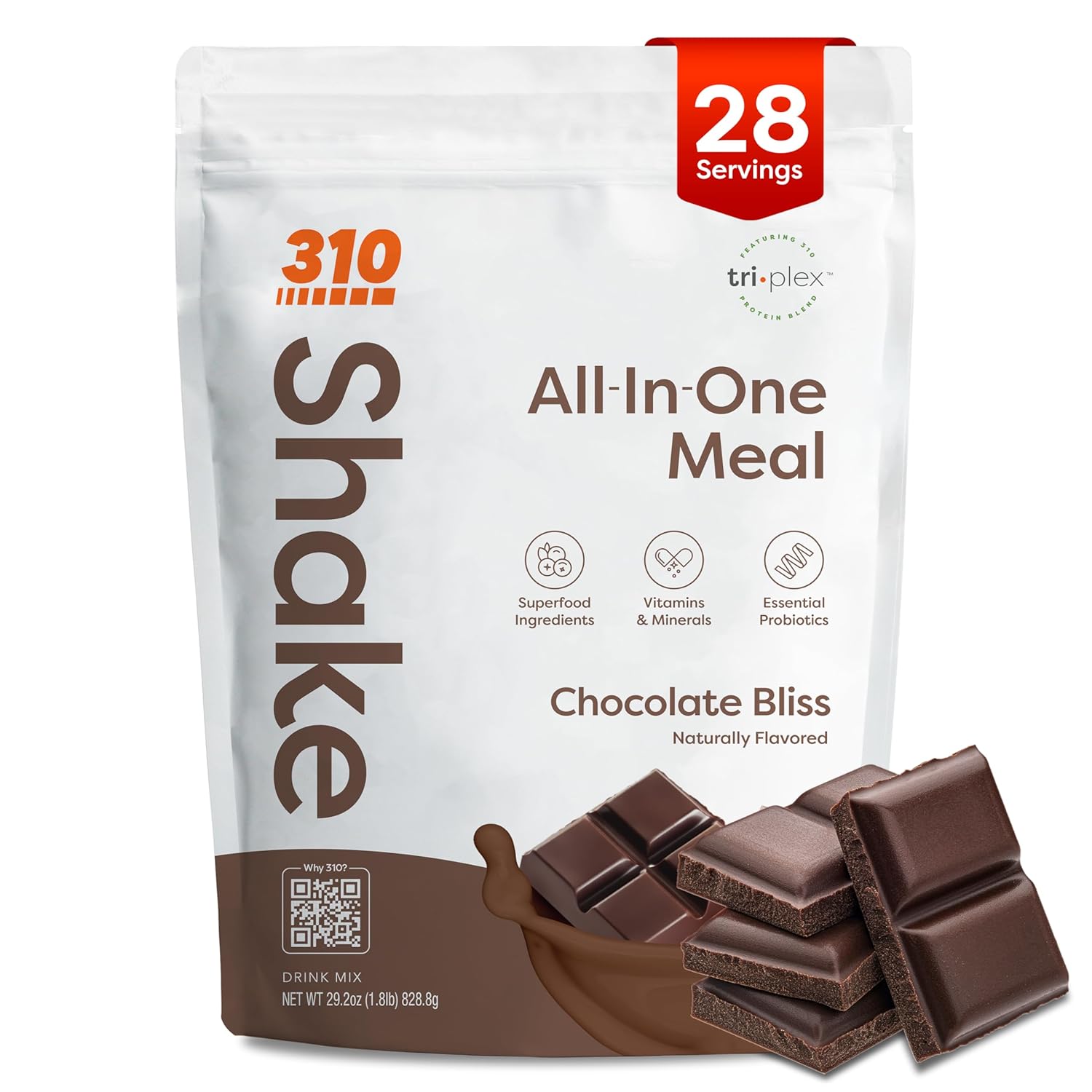 310 Nutrition All-In-One Meal Replacement Shake Powder - Plant-Based Protein Smoothie Blend w/High Fiber, Probiotics & Adaptogens - Low Carb, Vegan, Keto & Paleo Friendly - Chocolate Bliss - 28 Srv