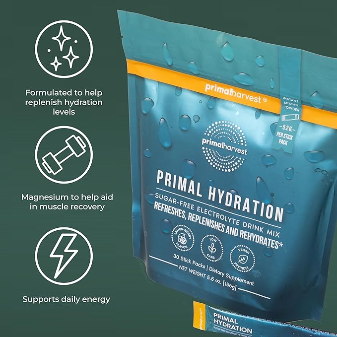 Primal Harvest Electrolytes Powder Packets Primal Hydration, Easy Open Packets, Energy Drink Mix 2 Pack Bundle (Lemon Berry, 60 Packs)