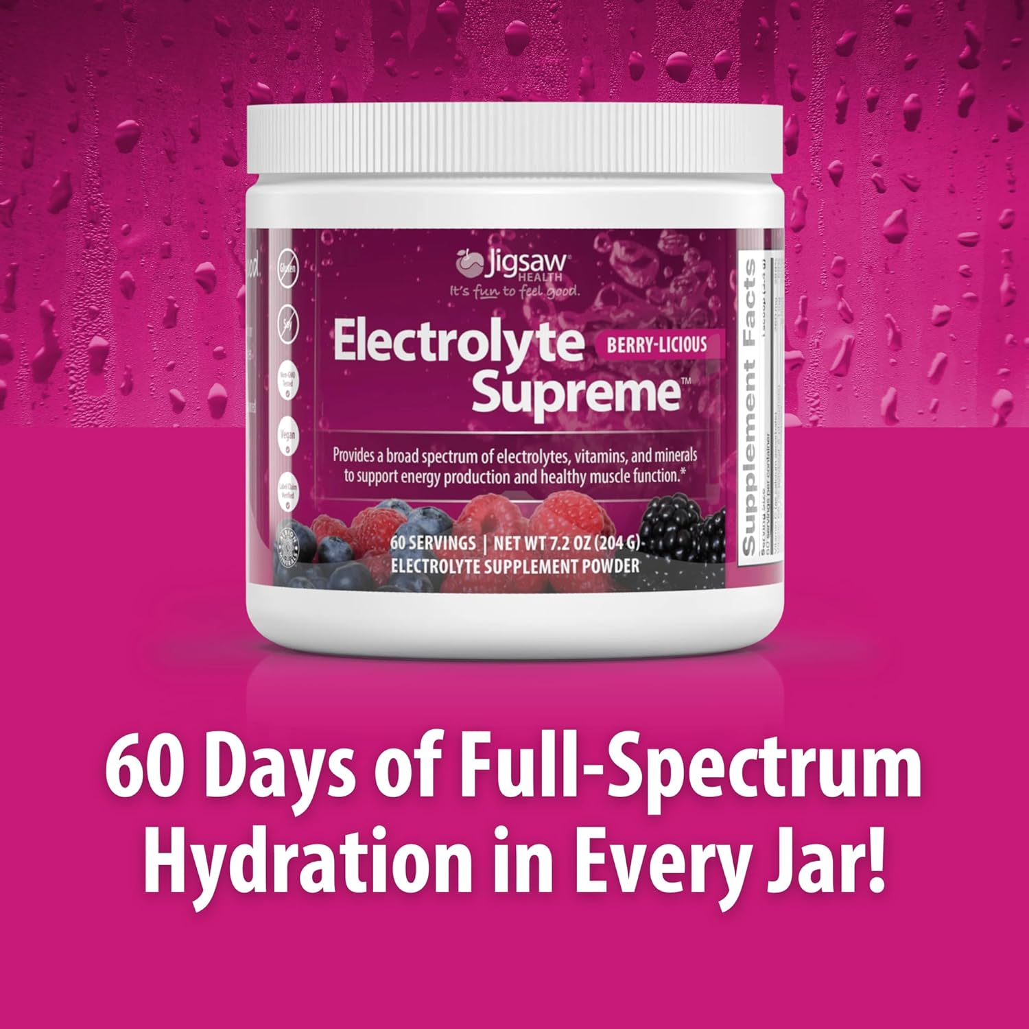 Jigsaw Health Electrolyte Supreme | Broad Spectrum of Electrolytes + Trace Minerals | Berry-Licious Flavor | 60 Servings (Jar)