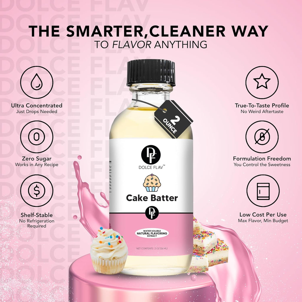 Dolce Flav Natural Cake Batter Extract – 2 Ounce Water-Soluble Kosher, Sugar-Free, Concentrated Birthday Cake Flavor for Frosting, Cupcakes & Ice Cream, Includes Measured Dropper