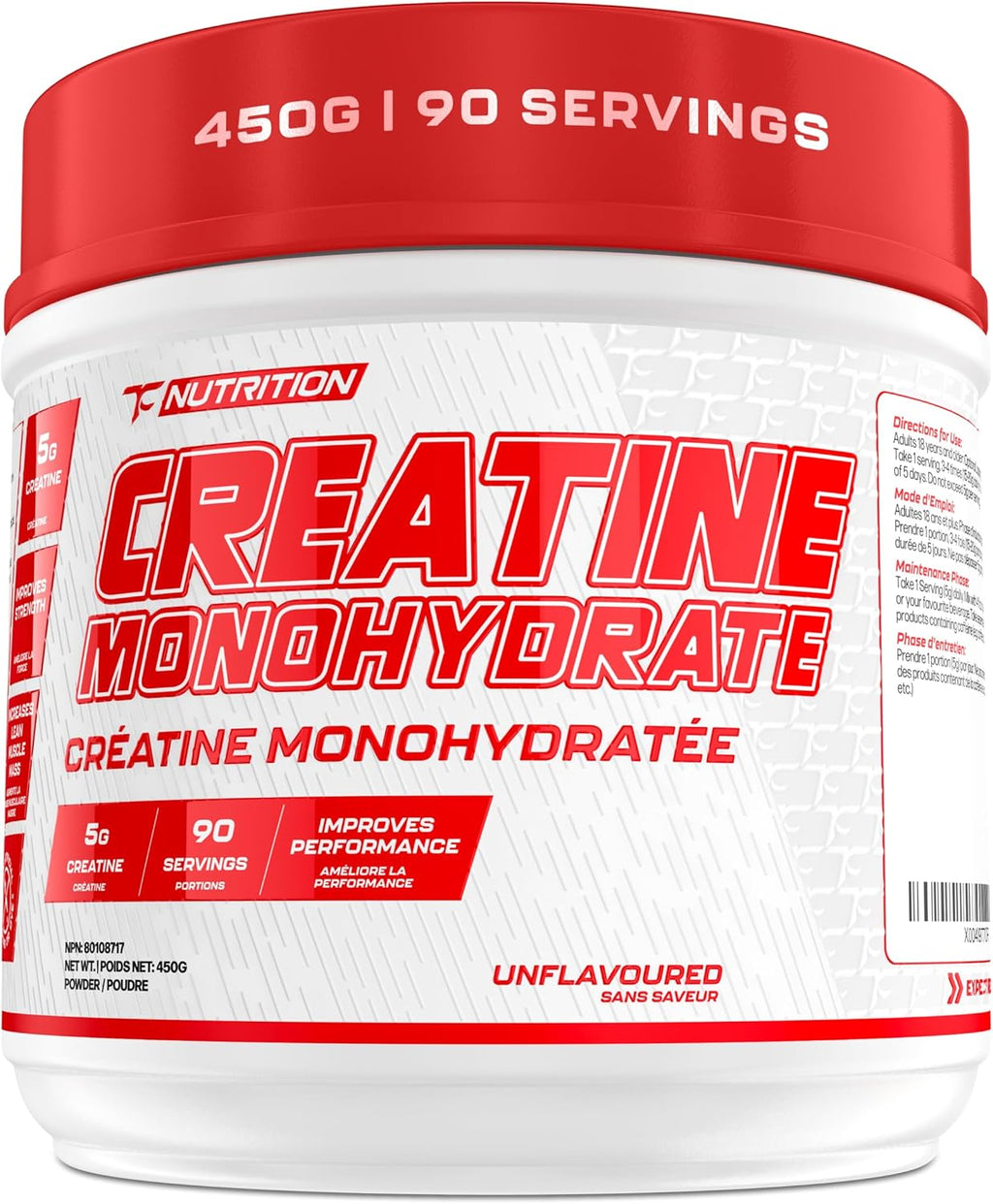 TC Nutrition Creatine Monohydrate Powder 90 Servings (450G) - 5g Per Serv of Unflavored Creatine Powder for Increased Strength, Muscle Growth, Improved Endurance and Performance
