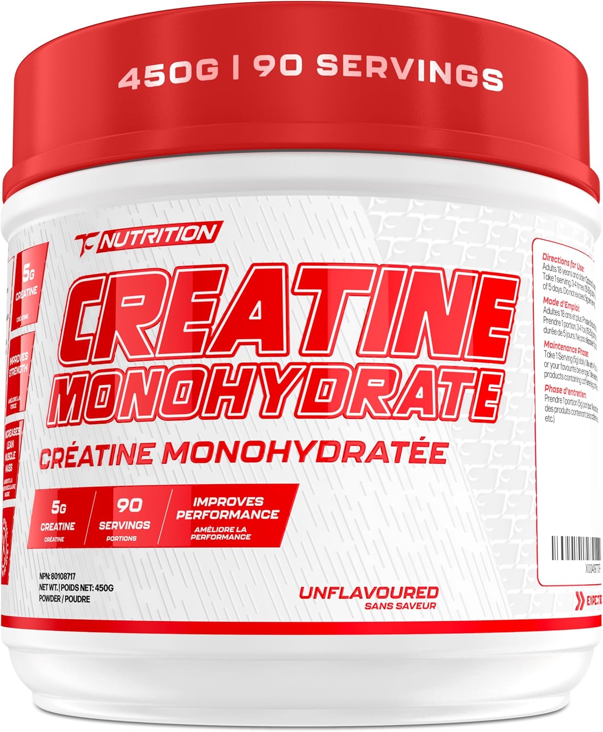 TC Nutrition Creatine Monohydrate Powder 90 Servings (450G) - 5g Per Serv of Unflavored Creatine Powder for Increased Strength, Muscle Growth, Improved Endurance and Performance
