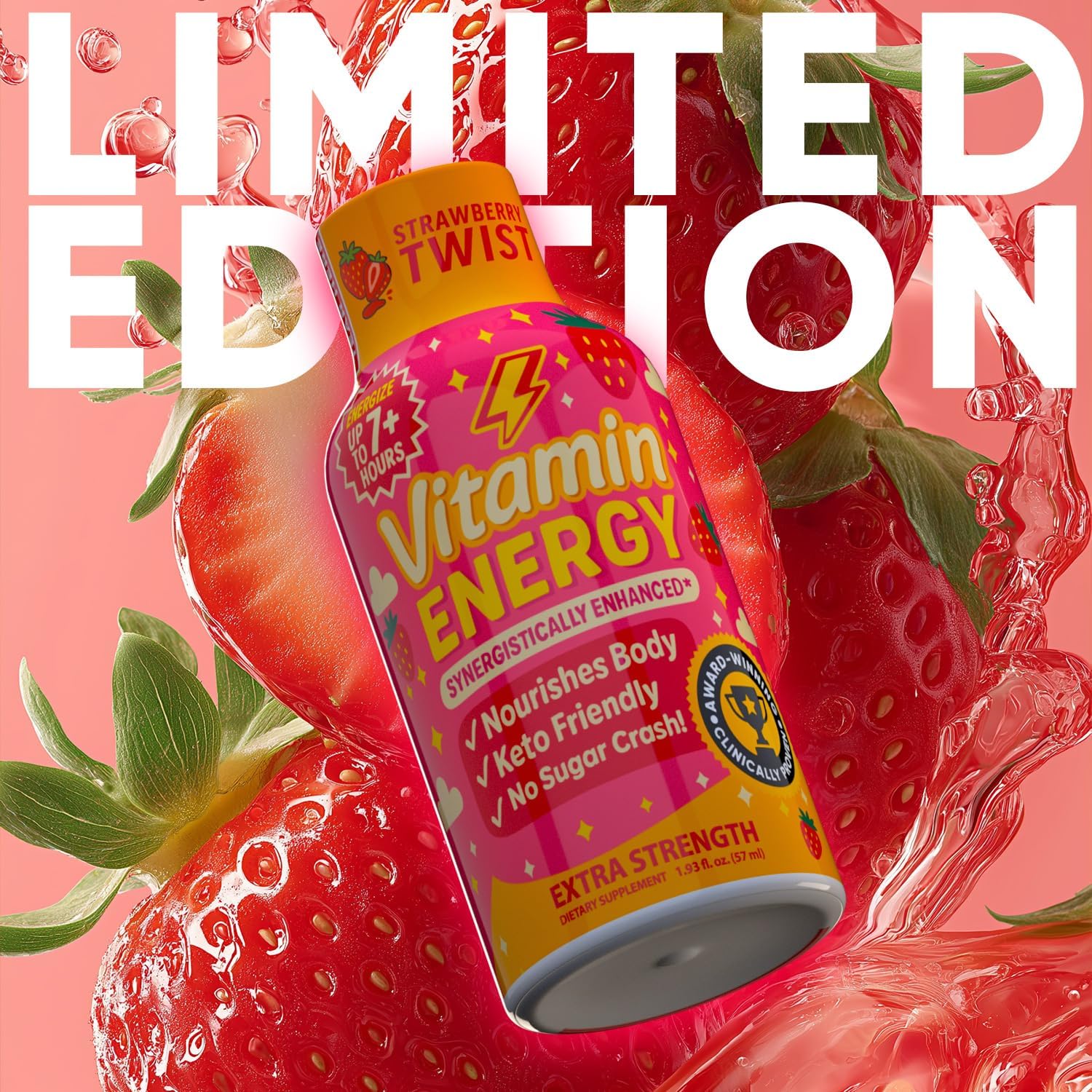 Vitamin Energy Immune+ Extra Strength Energy Shot Strawberry Twist 24 Pack, 260mg Natural Caffeine, B-Vitamins, Citicoline, Green Tea, Immunity & Focus Support, Zero Sugar, Gluten-Free 1.93 fl oz