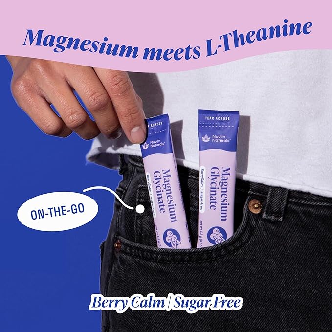 Magnesium Glycinate Powder + L-Theanine | 20 Sticks/Servings | 300 mg p/Stick High Absorption Chelated Magnesium Powder for Sleep - Mixed Berry Flavor, No Sugar, Support Restful Sleep & Relaxation