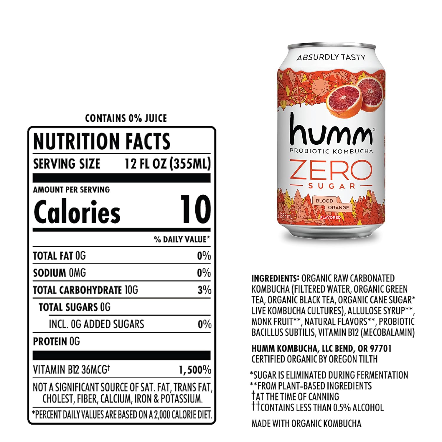 Humm Probiotic Kombucha Zero Sugar Blood Orange, No Refrigeration Needed, Keto Friendly, Organic, Vegan, Gluten Free, 12oz Cans (16 Pack)