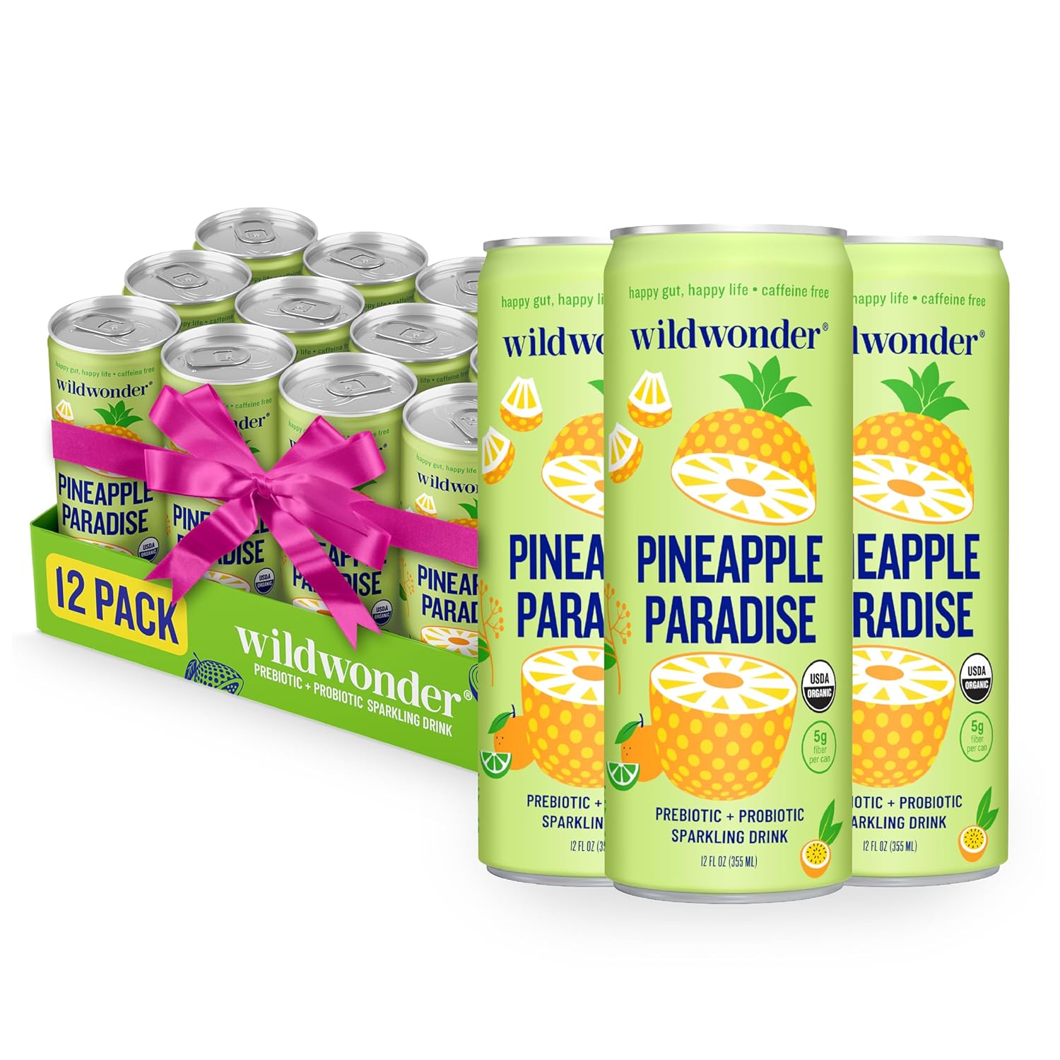 wildwonder Sparkling Probiotic Drink 12pk, For Gut Health & Immune Support, Pineapple Paradise, 5g Prebiotic Fiber, Live Probiotics, Organic, Vegan, Low Sugar, 12 Pack, 12oz Can, As Seen on Shark Tank