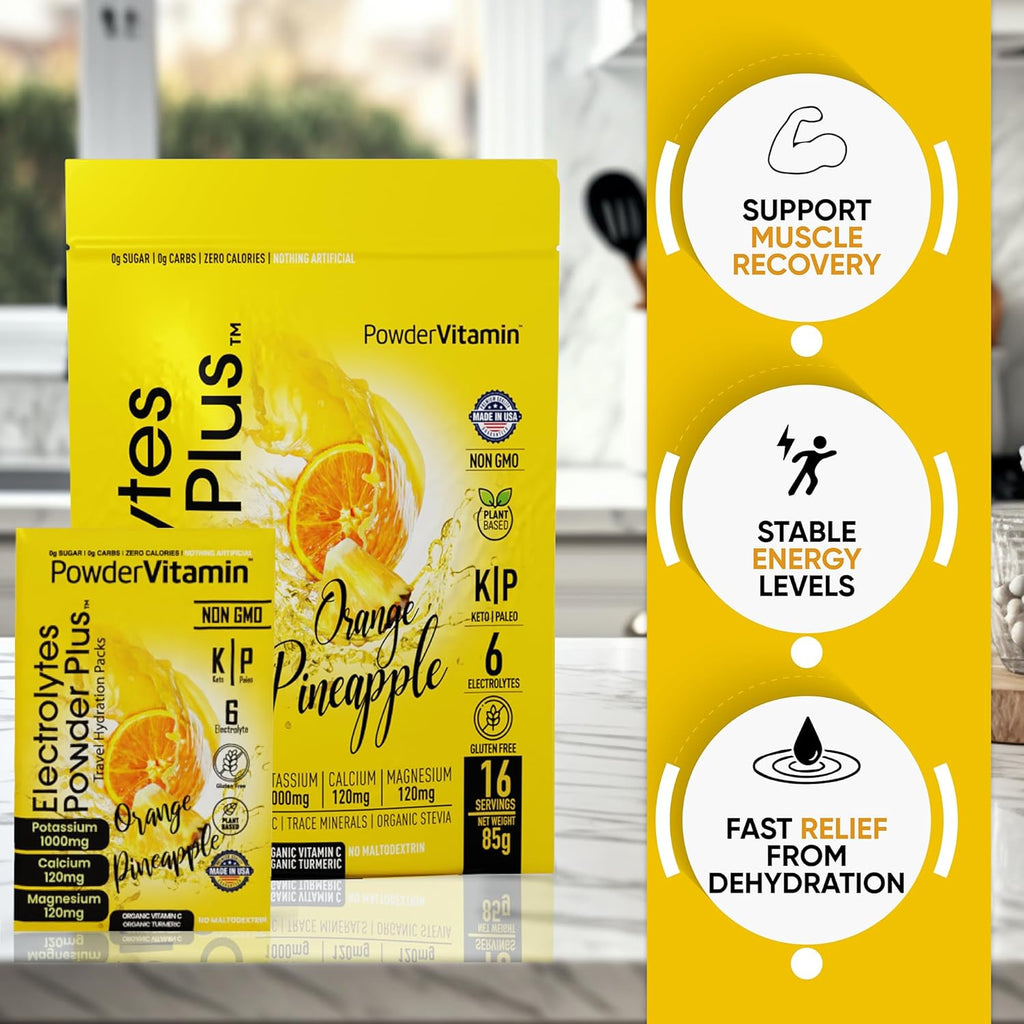 PowderVitamin Electrolytes Powder Plus, Keto, Orange Pineapple, Sugar Free, Pink Himalayan Salt, 1000mg Potassium, 120mg Calcium, 120mg Magnesium, Non-GMO, Zero Calories, (16 Hydration Packets)