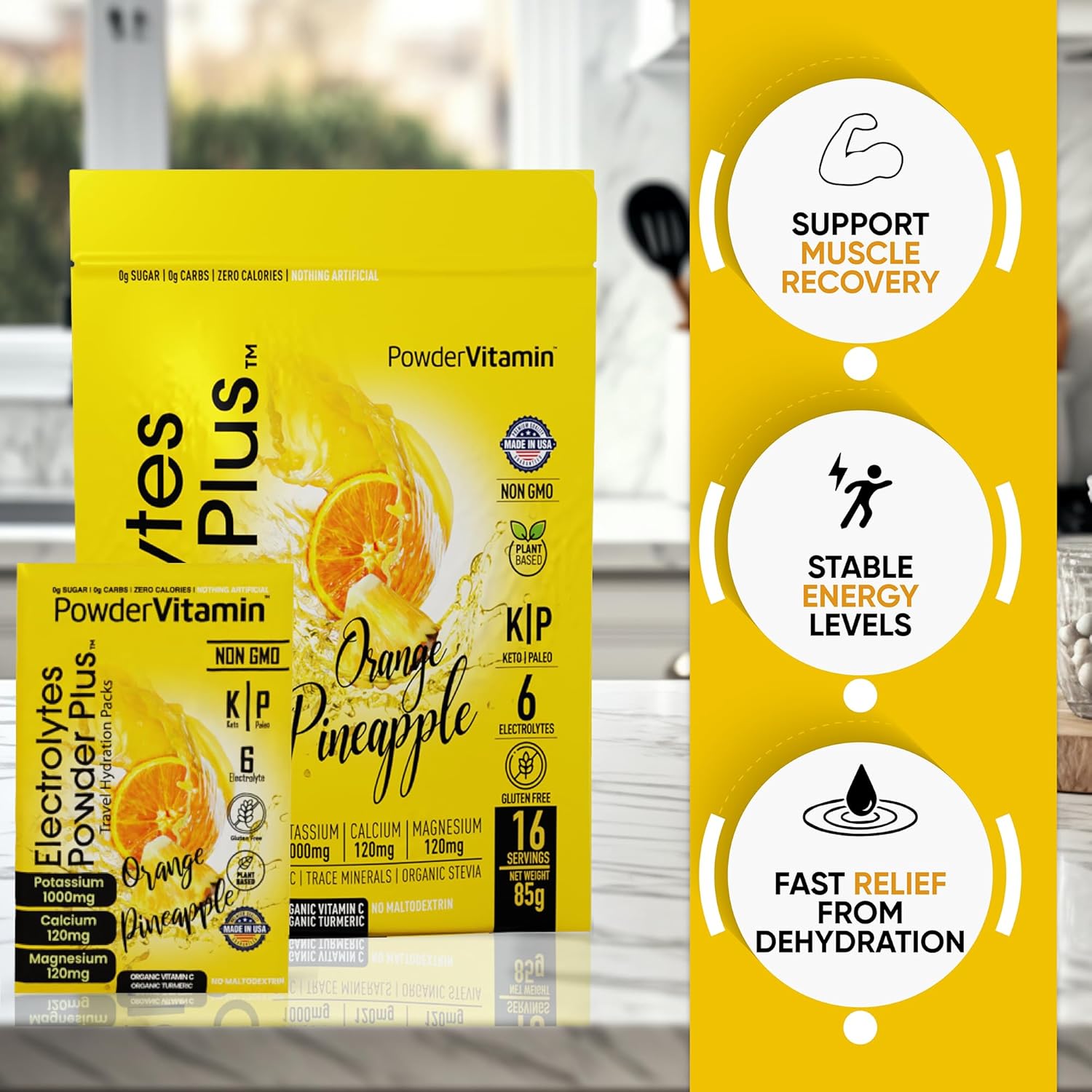 PowderVitamin Electrolytes Powder Plus, Keto, Orange Pineapple, Sugar Free, Pink Himalayan Salt, 1000mg Potassium, 120mg Calcium, 120mg Magnesium, Non-GMO, Zero Calories, (16 Hydration Packets)