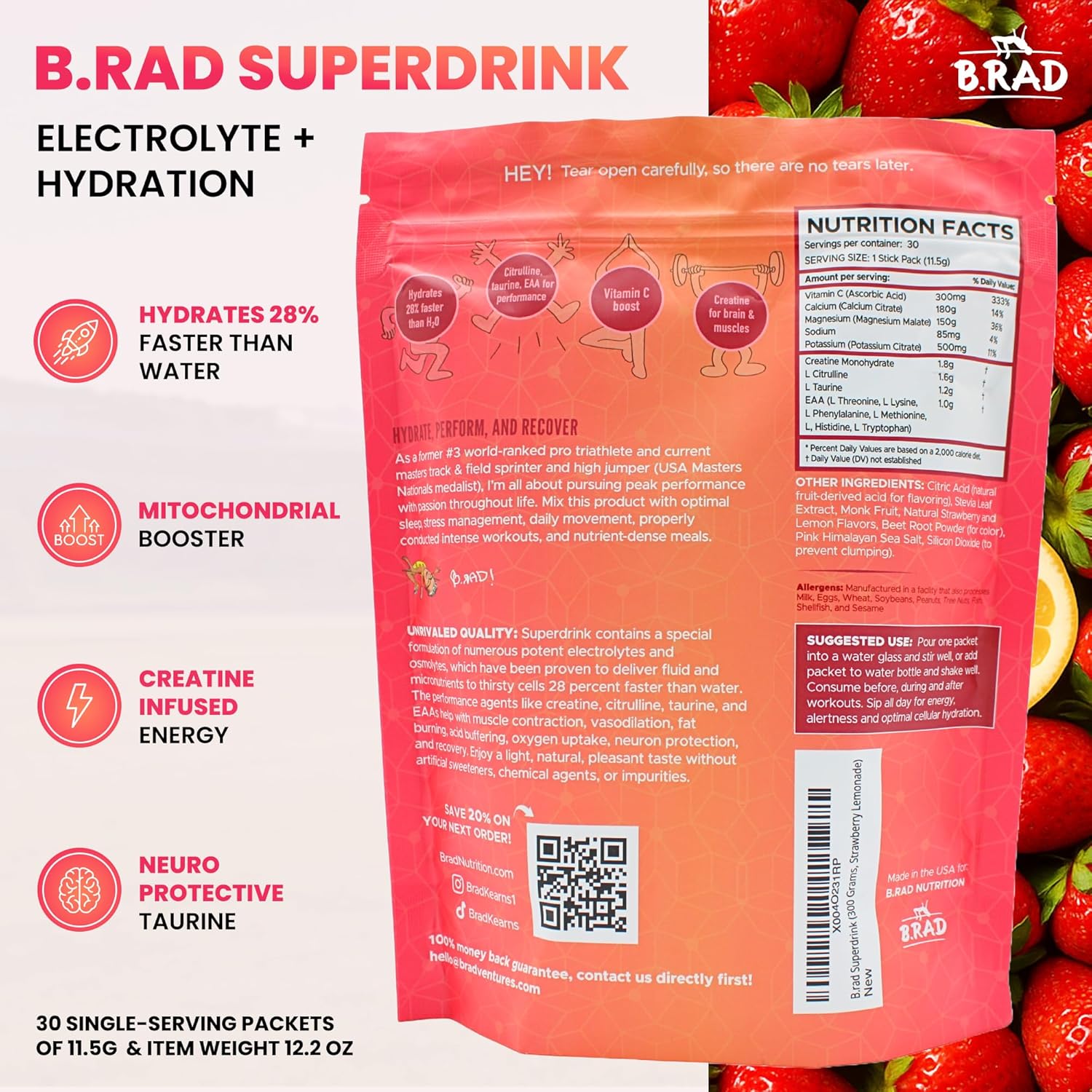 B.rad Superdrink Sugar-Free Electrolyte & Hydration Powder w/Creatine | Plus Brain & Recovery Boosters | 30 Jumbo Single-Serving Packets of 11.5g | Light, Natural Strawberry Lemonade Flavor
