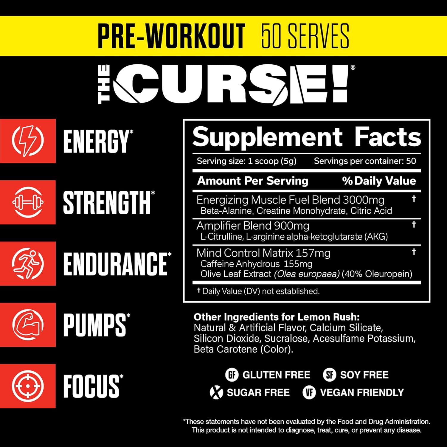 JNX SPORTS The Curse! Pre Workout Powder for Men & Women, Caffeine, Beta-Alanine, Creatine, L-Citrulline, 50 Servings, Lemon Rush Flavor – Boost Energy, Strength & Focus