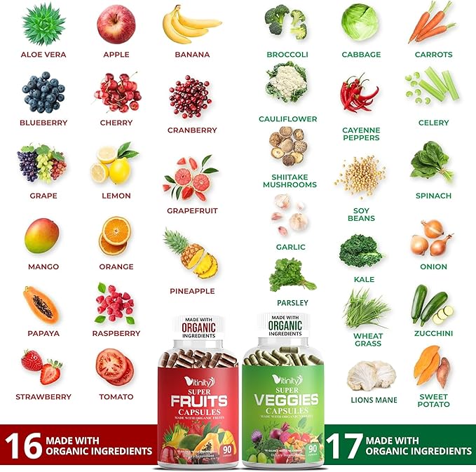 Made with Organic Fruits & Veggies Capsules-Superfood Vegetable Vitamin Supplement for Women & Men-Blend of Fruits and Greens for Daily Health.Fruits and Vegetables Supplements (30-Day Supply)