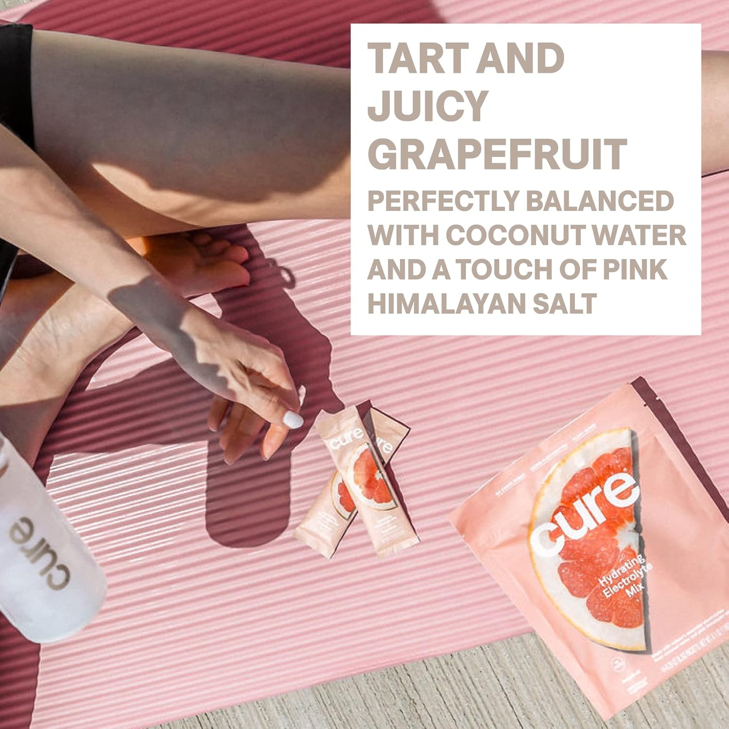 Cure Hydration | Plant-Based Electrolyte Drink Mix | No Added Sugar | FSA-HSA | Dehydration Relief Powder Made with Coconut Water | Non-GMO | Vegan | Pouch of 14 Packets - Grapefruit