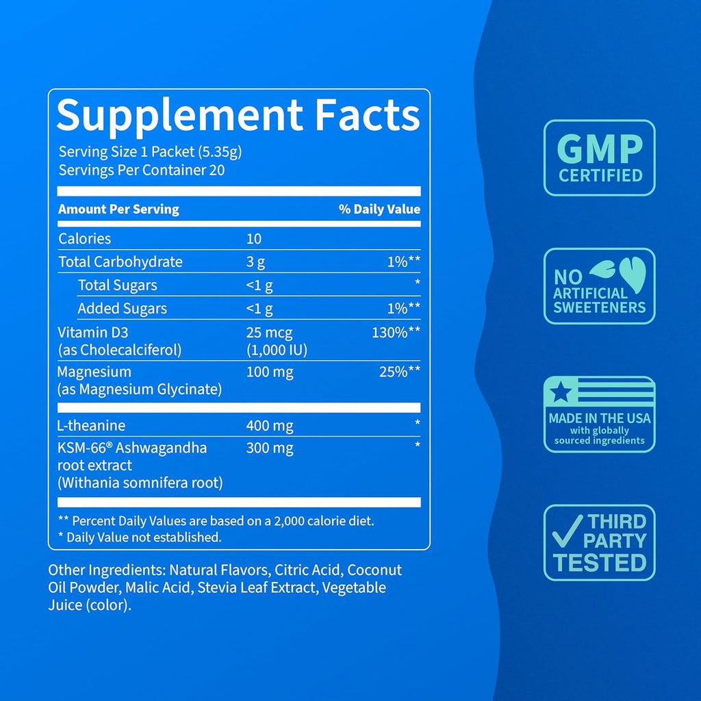 Supercalm Drink Mix - Ashwagandha KSM 66, Magnesium Glycinate & L-Theanine Supplement, Vitamin D3 - Ashwagandha Root Extract - Focus and Relaxation Support (20 Travel Packets) - Strawberries & Cream