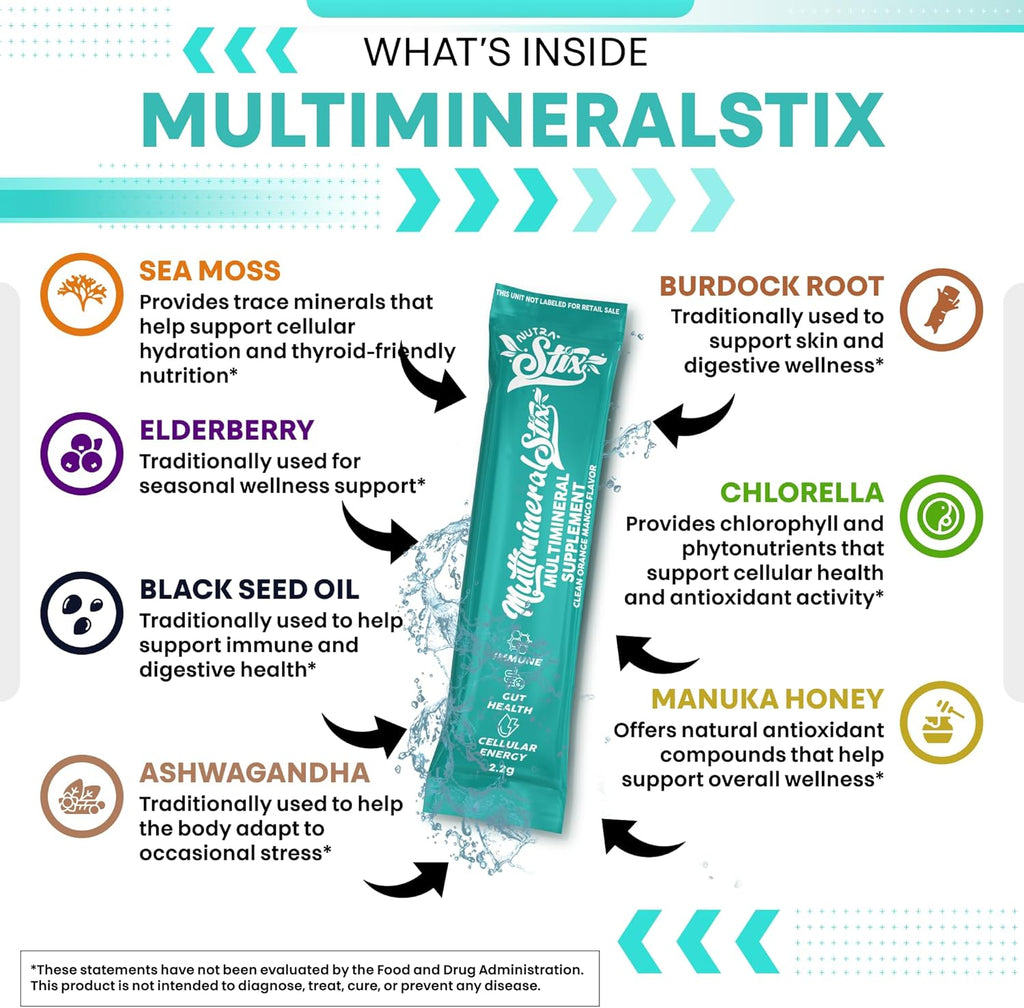 Sea Moss Powder Elderberry Ashwagandha Chlorella Manuka Honey VitaminD3 Vitamin C Zinc Spirulina Iodine Greens Detox Immune Support Sugar Free Hydration Powder Drink Mix – 20 Sticks