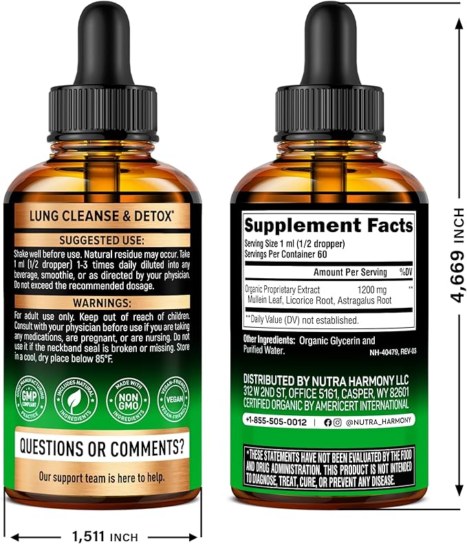 Mullein Drops for Lungs - USDA Organic Liquid - Mullein Leaf Extract Supplement - Made in USA - Lung & Bronchial Cleanse for Smokers - Respiratory Health Support - As Tincture, Tea, Pills - Pack of 2