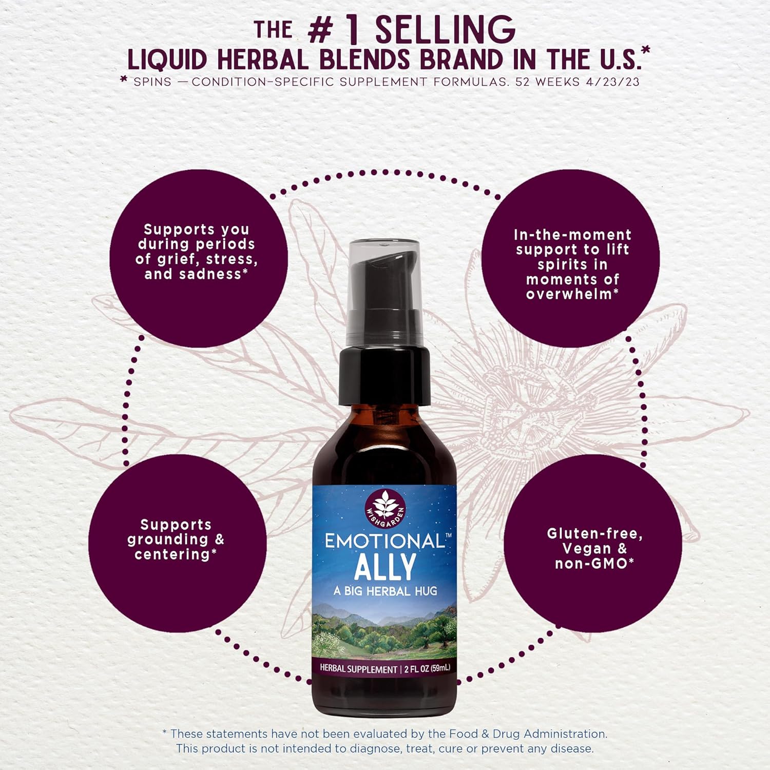 WishGarden Herbs Emotional Ally - All-Natural Fast-Acting Liquid Herbal Supplement with Passionflower, Scullcap, St Johns Wort & Motherwort Supports Emotional Grounding, A Big Herbal Hug, 4oz