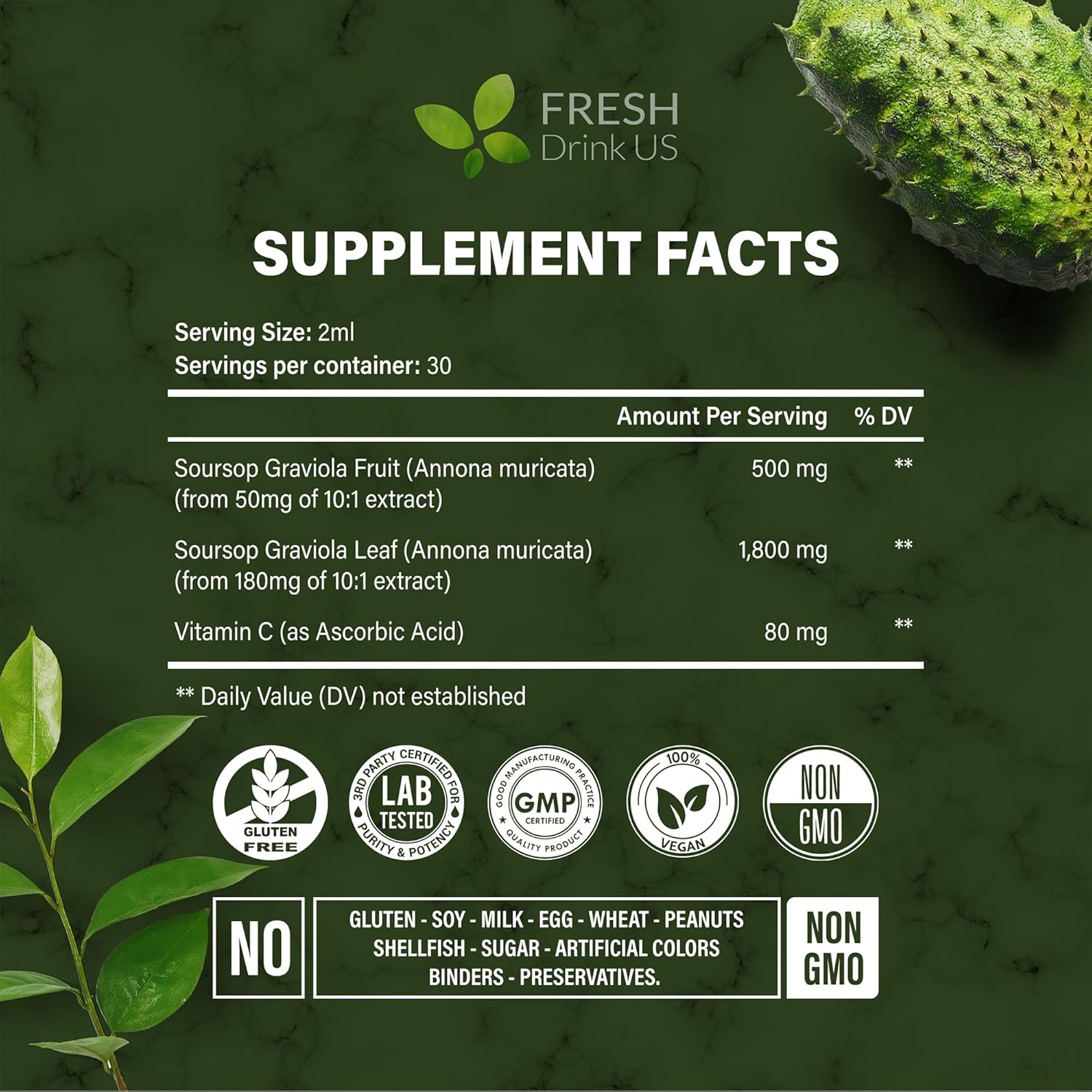 FRESHDRINKUS, Premium 2 fl oz Soursop Graviola Extract Liquid, 60ml Soursop Extract Liquid, 30 Days Supply – 100% from Natural Soursop Leaves and Fruit Extract, Vegan, Non-GMO, Gluten-Free (2 fl oz)