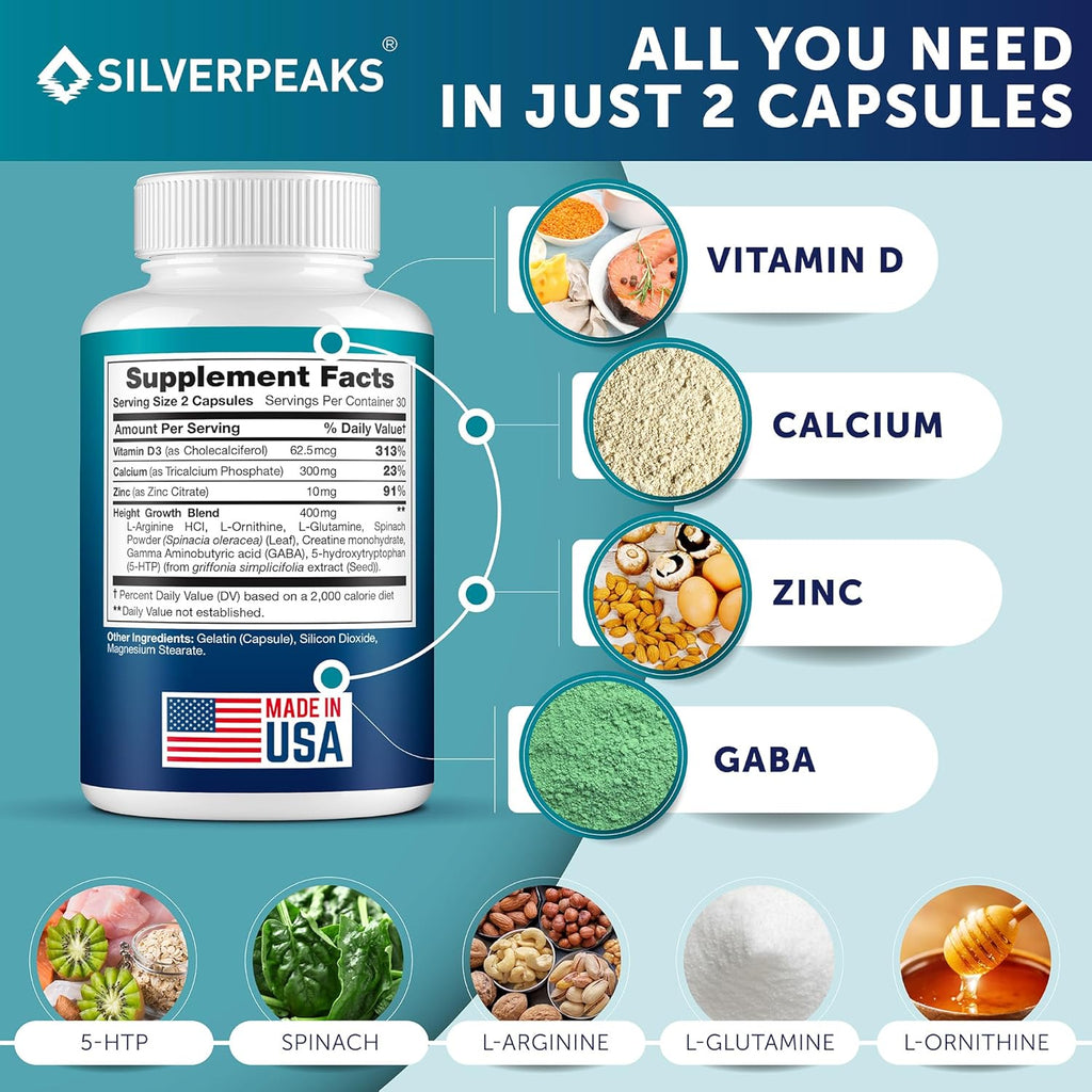 SILVERPEAKS Growth Capsules to Grow Taller - Height Growth Maximizer with Calcium for Bone Strength - Made in USA - Natural Get Taller Supplement - Free of Growth Hormone - Pack of 3