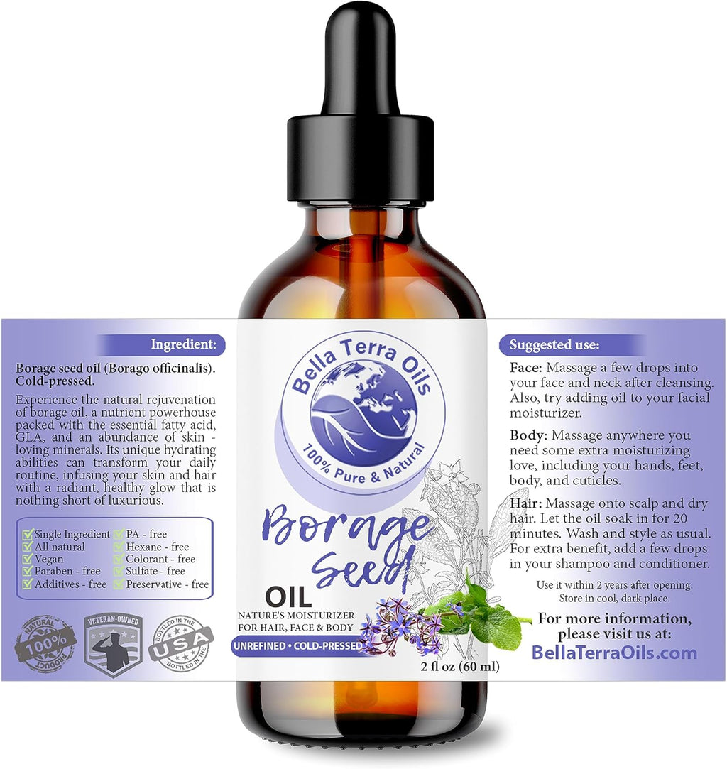 Bella Terra Oils - Organic Borage Seed Oil 2oz - Dive into a World of Omega-6 & Essential Minerals, Natural Nourishment for a Radiant Complexion