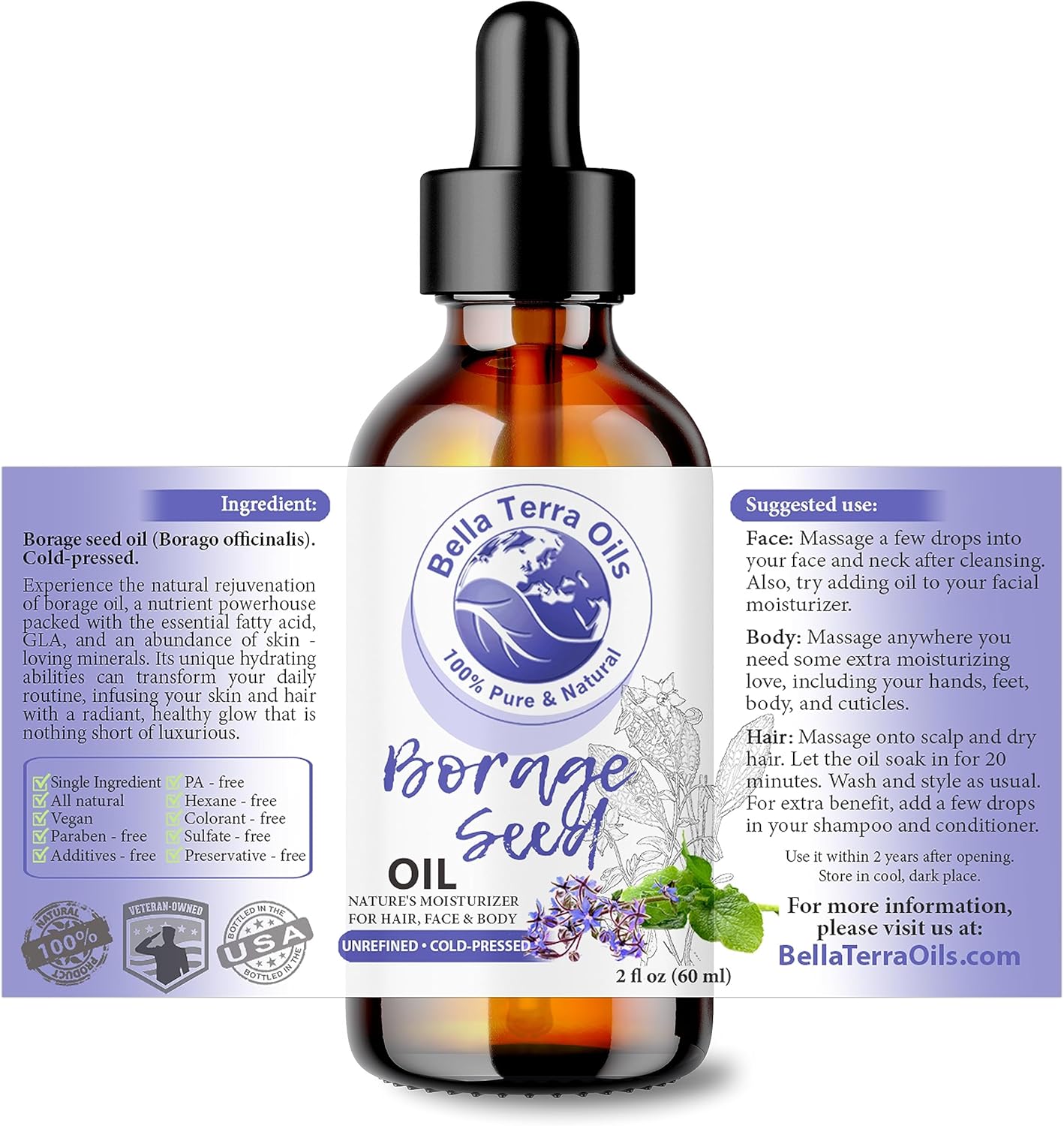 Bella Terra Oils - Organic Borage Seed Oil 2oz - Dive into a World of Omega-6 & Essential Minerals, Natural Nourishment for a Radiant Complexion
