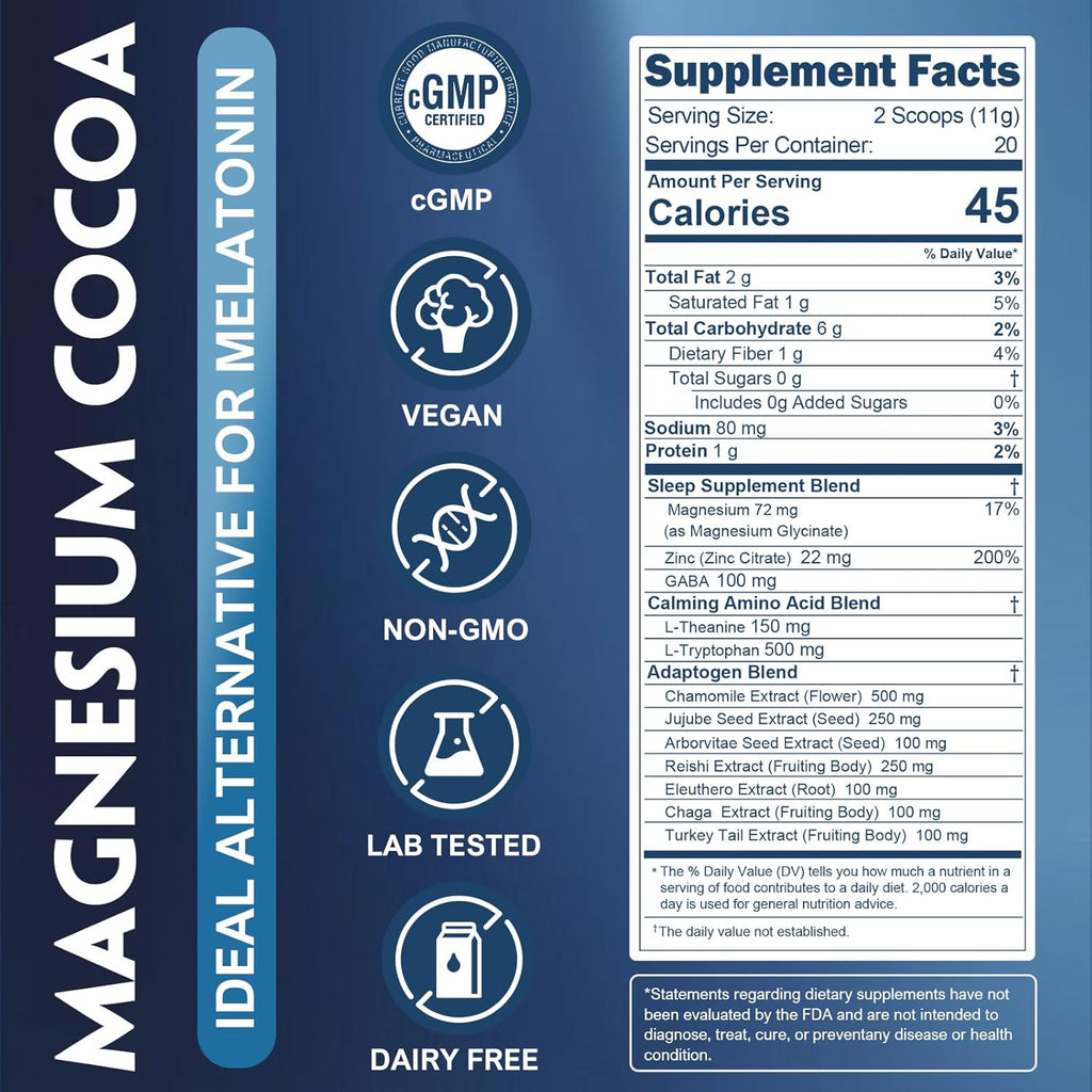 Veltracha Magnesium Hot Cocoa, Mushroom Hot Chocolate Powder with Reishi, GABA & L-Theanine, Natural Sleep Aid Drink Mix for Melatonin-Free, 20 Servings