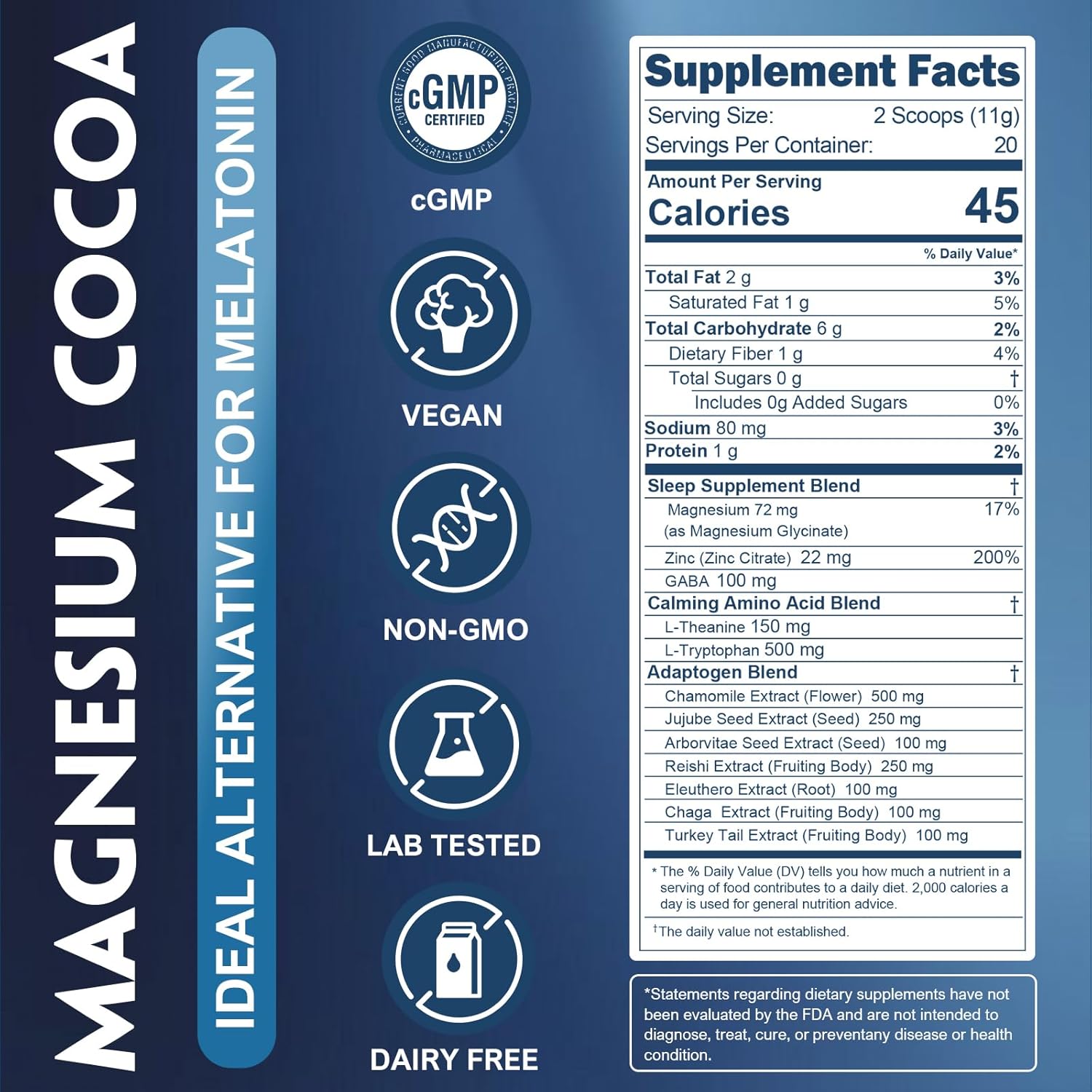 Veltracha Magnesium Hot Cocoa, Mushroom Hot Chocolate Powder with Reishi, GABA & L-Theanine, Natural Sleep Aid Drink Mix for Melatonin-Free, 20 Servings
