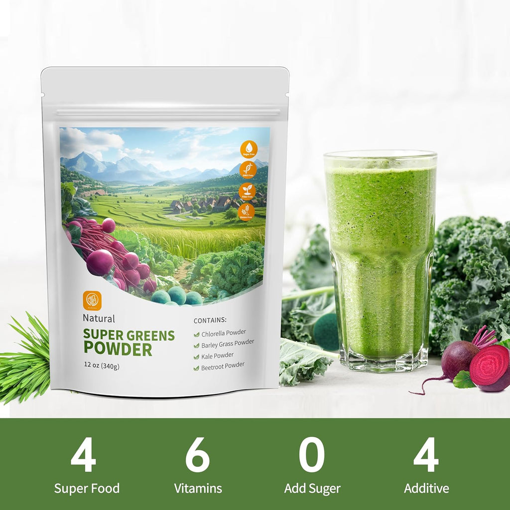 Hudetex Greens Powder Superfood for Immune Support with 12 oz，Greens Powder Smoothie Mix with Chlorella, Barley Grass, Kale & Beetroot Smoothie Booster, Chlorophyll Providing Greens.