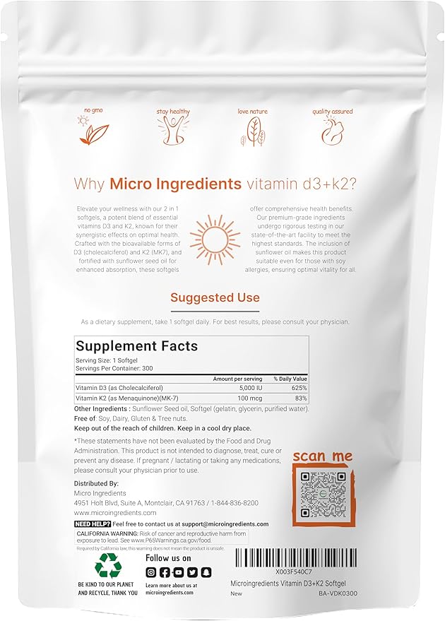 Micro Ingredients Vitamin D3 5,000 IU + K2 MK-7 100 mcg, 300 Softgels | 2-in-1 Vitamins D & K Complex | Extra Strength, Easy to Swallow, Non-GMO, Gluten Free