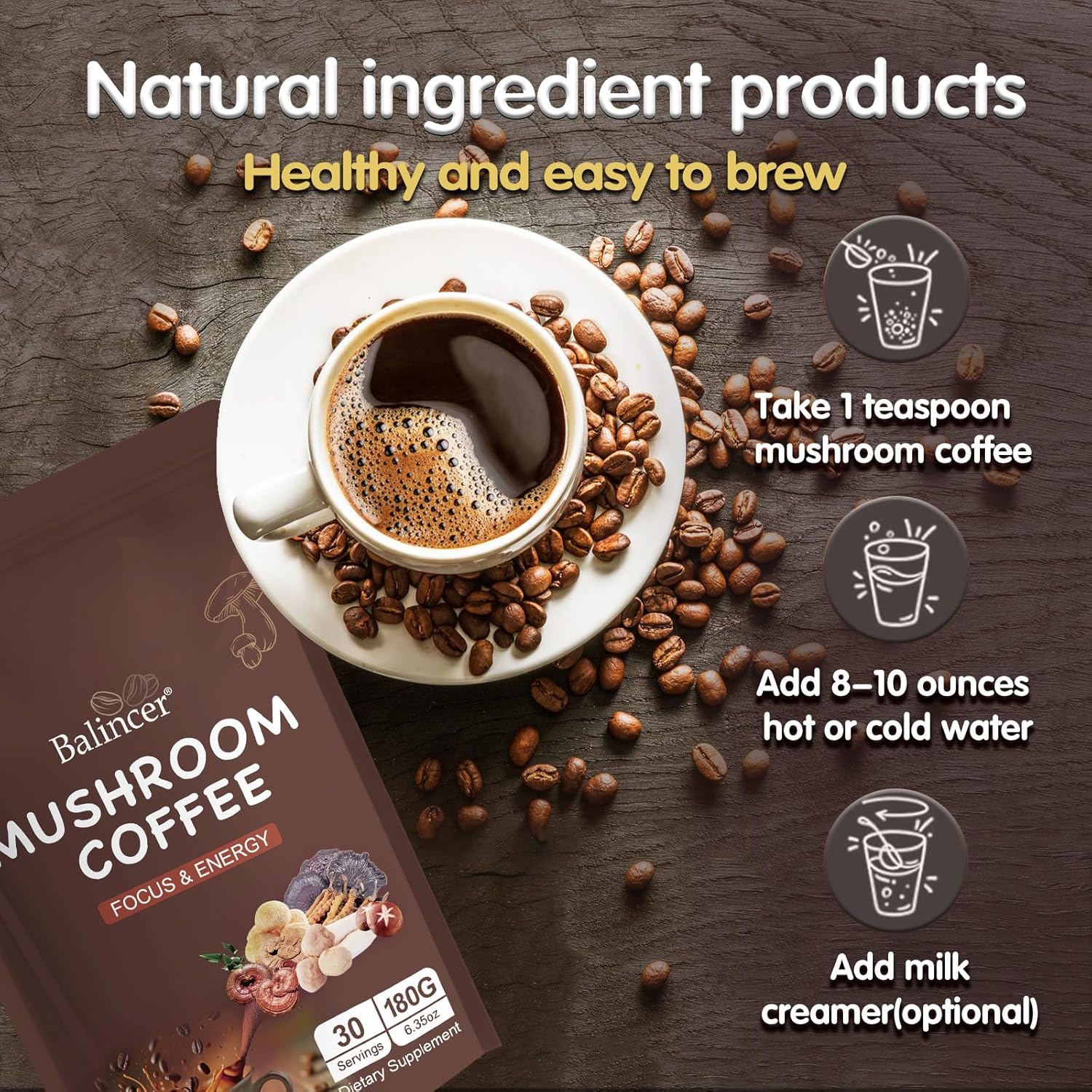 Mushroom Coffee, 6 Adaptogenic Mushrooms (Lion's Mane, Cordyceps, Turkey Tail & Other) Mixed with Premium Instant Coffee for Focus, Energy, Immune and Gut Health Support, 60 Servings