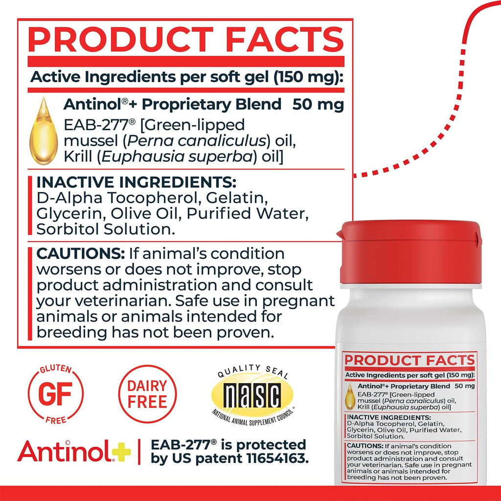 Antinol Plus, Mobility, Hip, and Joint Supplement for Dogs, Green-Lipped Mussels and Krill Oil - Dog Joint Supplement, Better and Faster Than Glucosamine and Chondroitin, 90 Soft Gels