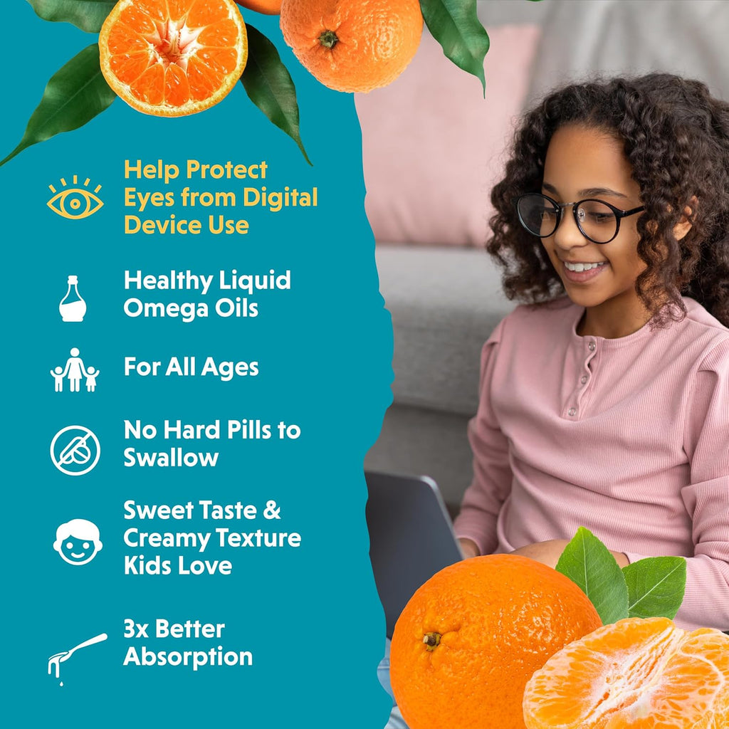 Barlean's Omega Pals Eye Health Liquid, Tangerine Flavored Omega 3 for Kids, Fish Oil Supplement with 500 mg of EPA & DHA Plus Lutein & Zeaxanthin Vitamins for Blue Light Support, 8 oz