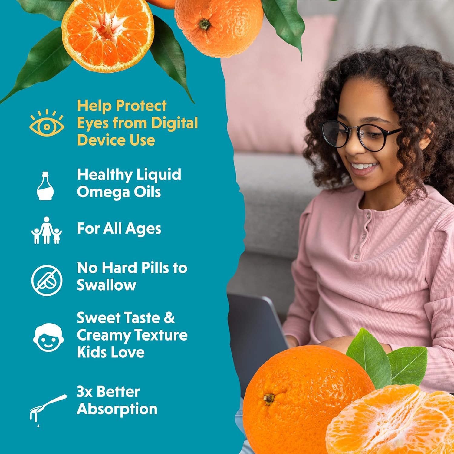 Barlean's Omega Pals Eye Health Liquid, Tangerine Flavored Omega 3 for Kids, Fish Oil Supplement with 500 mg of EPA & DHA Plus Lutein & Zeaxanthin Vitamins for Blue Light Support, 8 oz