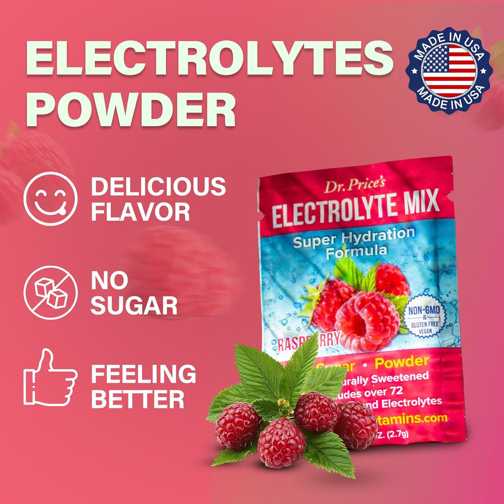Dr. Price’s Electrolyte Mix | Sugar-Free Hydration Powder with 72+ Trace Minerals | No Sugar, Fast-Dissolving Electrolytes Powder Packets | Raspberry (30 Packs)
