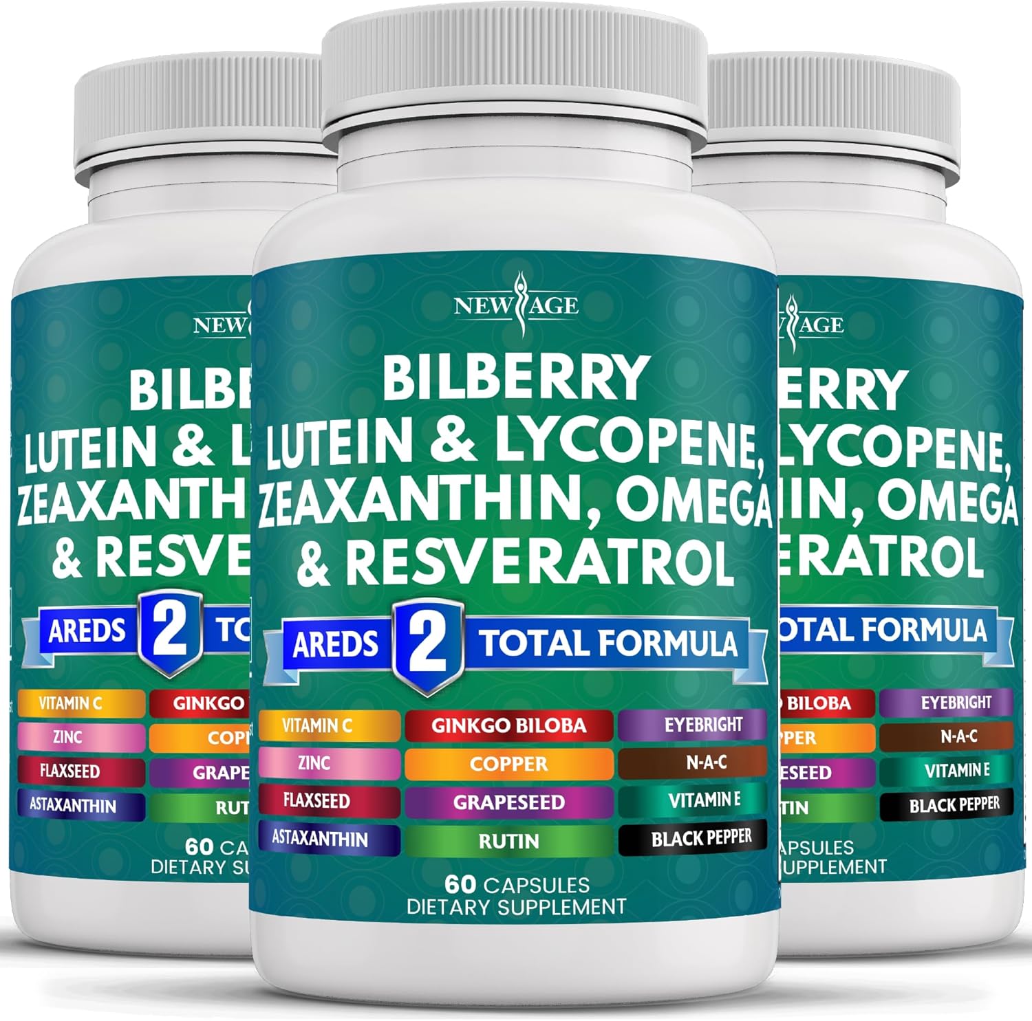 NEW AGE Eye Health Vitamins with Bilberry Lutein & Zeaxanthin Lycopene Resveratrol Grape Seed Extract Astaxanthin - Eye Vitamin - 180 Count