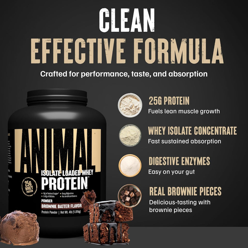 Animal Whey Isolate Protein Powder - Loaded for Pre & Post Workout Muscle Builder and Recovery with Digestive Enzymes for Men & Women - 25g Protein, Great Taste, Low Sugar - Brownie Batter 4 lbs