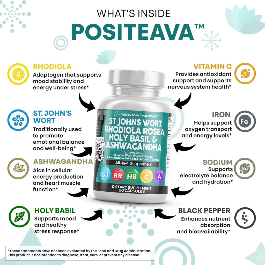 Clean Nutraceuticals St Johns Wort Rhodiola Rosea Holy Basil Ashwagandha - Mood Support for Women and Men with Vitamin C & Black Pepper Extract - 90 Caps