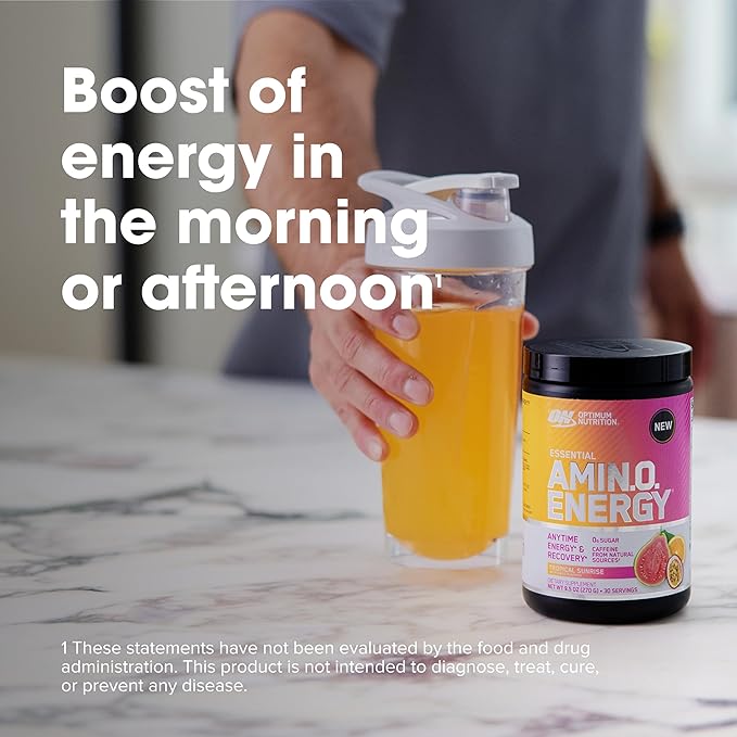 Optimum Nutrition Amino Energy Powder – Energy & Focus Pre Workout with Amino Acids, BCAA, Green Tea Caffeine & Coffee, Muscle Recovery Support – Tropical Sunrise, 30 Servings (Packaging May Vary)