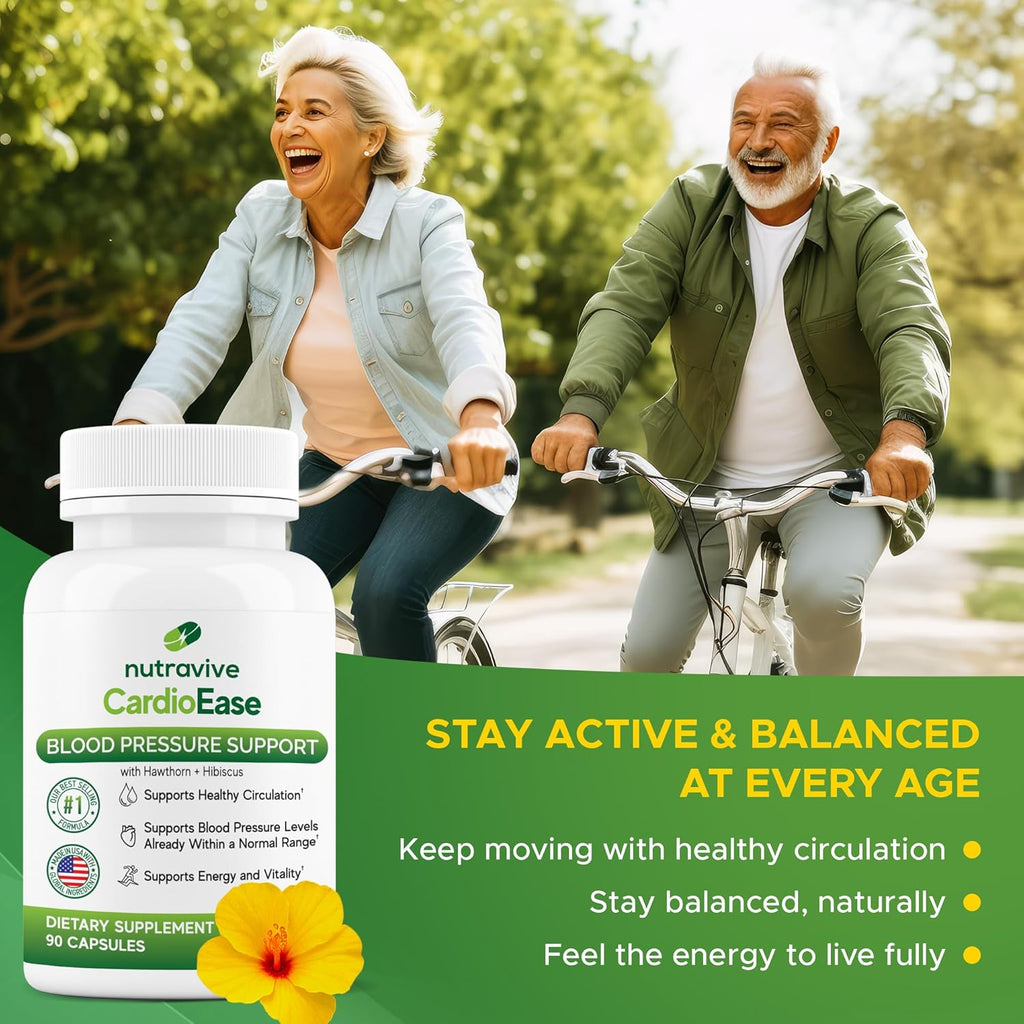 Nutravive Blood Pressure Support Supplement – Natural Heart & Circulation Support with Hawthorn, Garlic, Olive Leaf, Hibiscus & B12 – USA Made, GMP Facility - 90 Capsules