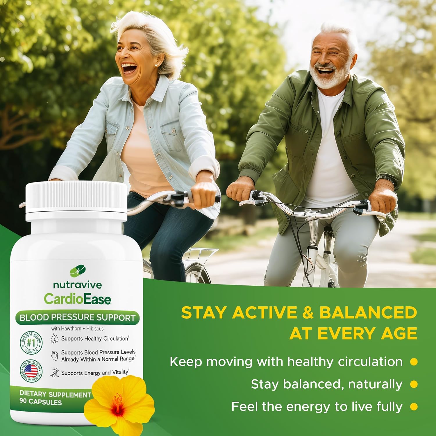 Nutravive Blood Pressure Support Supplement – Natural Heart & Circulation Support with Hawthorn, Garlic, Olive Leaf, Hibiscus & B12 – USA Made, GMP Facility - 90 Capsules