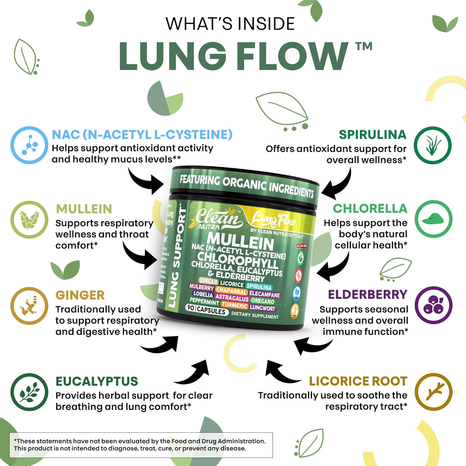 Clean Nutra Mullein NAC Supplement Spirulina Chlorella Ginger Licorice Mulberry Astragalus Root Oregano Turmeric with Chlorophyll Berries Detox Cleanse Respiratory Lung Health 90 Capsules
