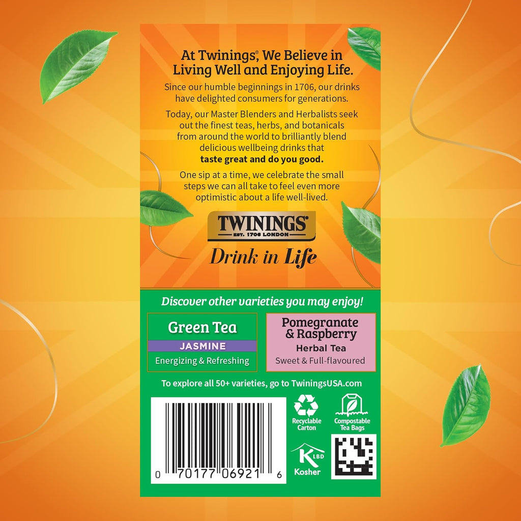 Twinings Green Tea with Pomegranate, Raspberry, & Strawberry Individually Wrapped Bags, 20 Count (Pack of 6), Caffeinated, Enjoy Hot or Iced, 120 Teabags