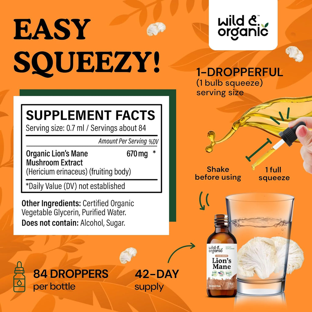 Wild & Organic Lions Mane Liquid Drops - Focus & Brain Support - Lions Mane Supplement - Hericium Erinaceus Mushroom Extract Tincture - Vegan, Alcohol & Sugar-Free - 2 fl oz