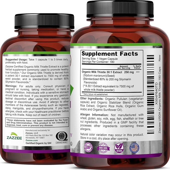 Zazzee USDA Organic Milk Thistle 30:1 Extract, 7500 mg Strength, 180 Vegan Capsules, 80% Silymarin Flavonoids, Healthy Liver Detox & Cleanse Support, 100% Vegetarian, Non-GMO, Made in The USA