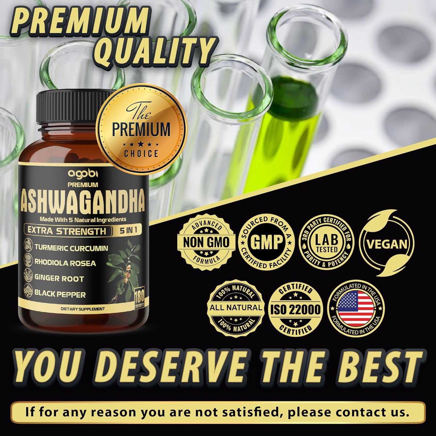 5in1 Premium Ashwagandha Capsules - Added Turmeric, Rhodiola Rosea, Ginger, Black Pepper - Strength, Spirit & Immune Support - 180 Caps for 6 Months