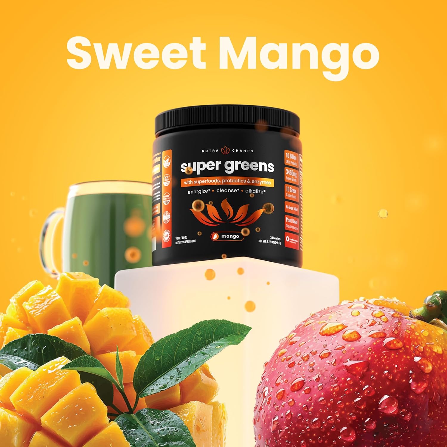 NutraChamps Super Greens Powder Premium Superfood | 20+ Organic Green Veggie Whole Foods | Wheat Grass, Spirulina, Chlorella | Antioxidant, Digestive Enzyme & Probiotic Blends (9.0 OZ, Mango)